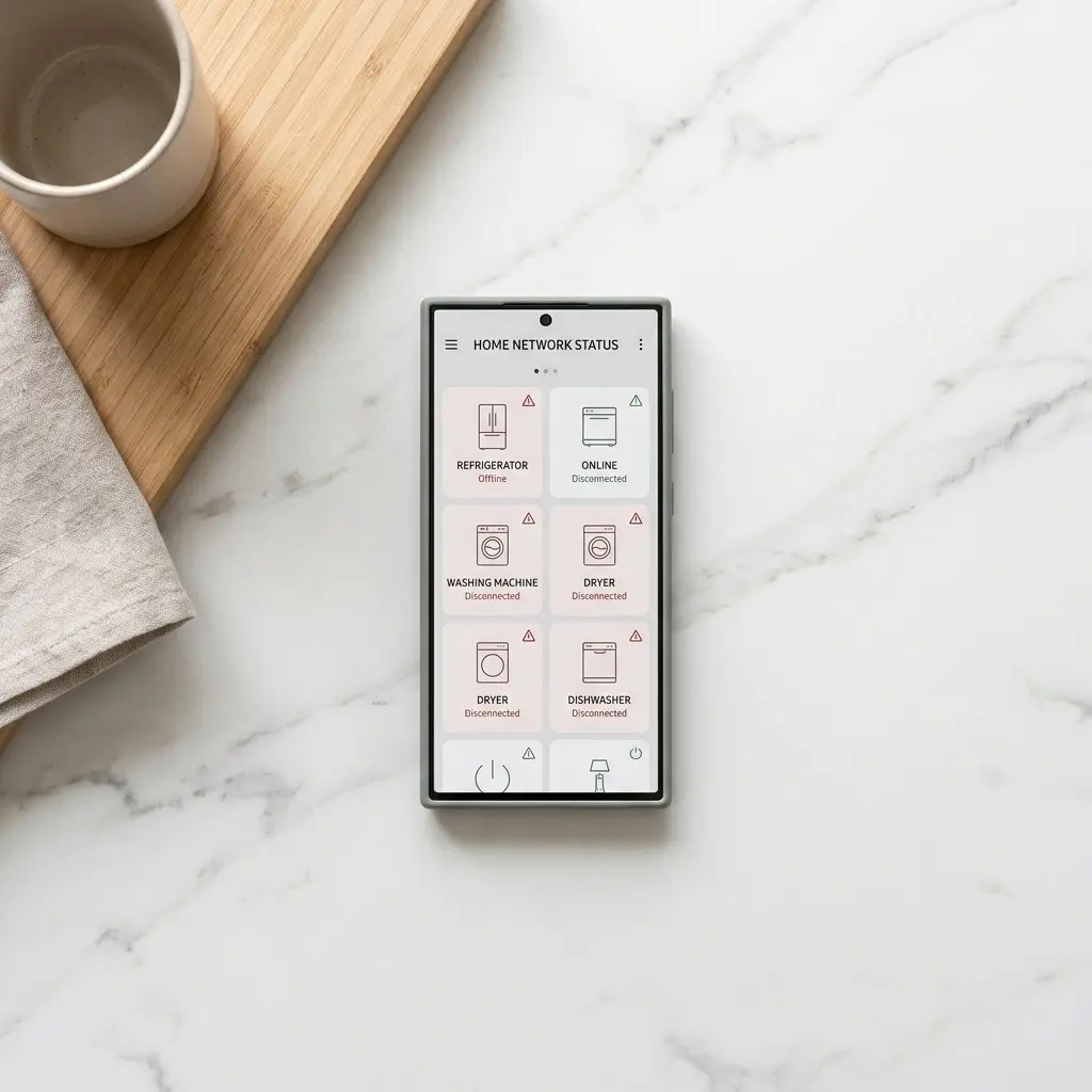 Smartphone showing multiple smart appliances offline at once