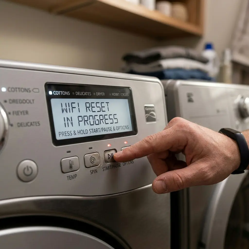 Technician resetting Kenmore washer control panel during WiFi reset