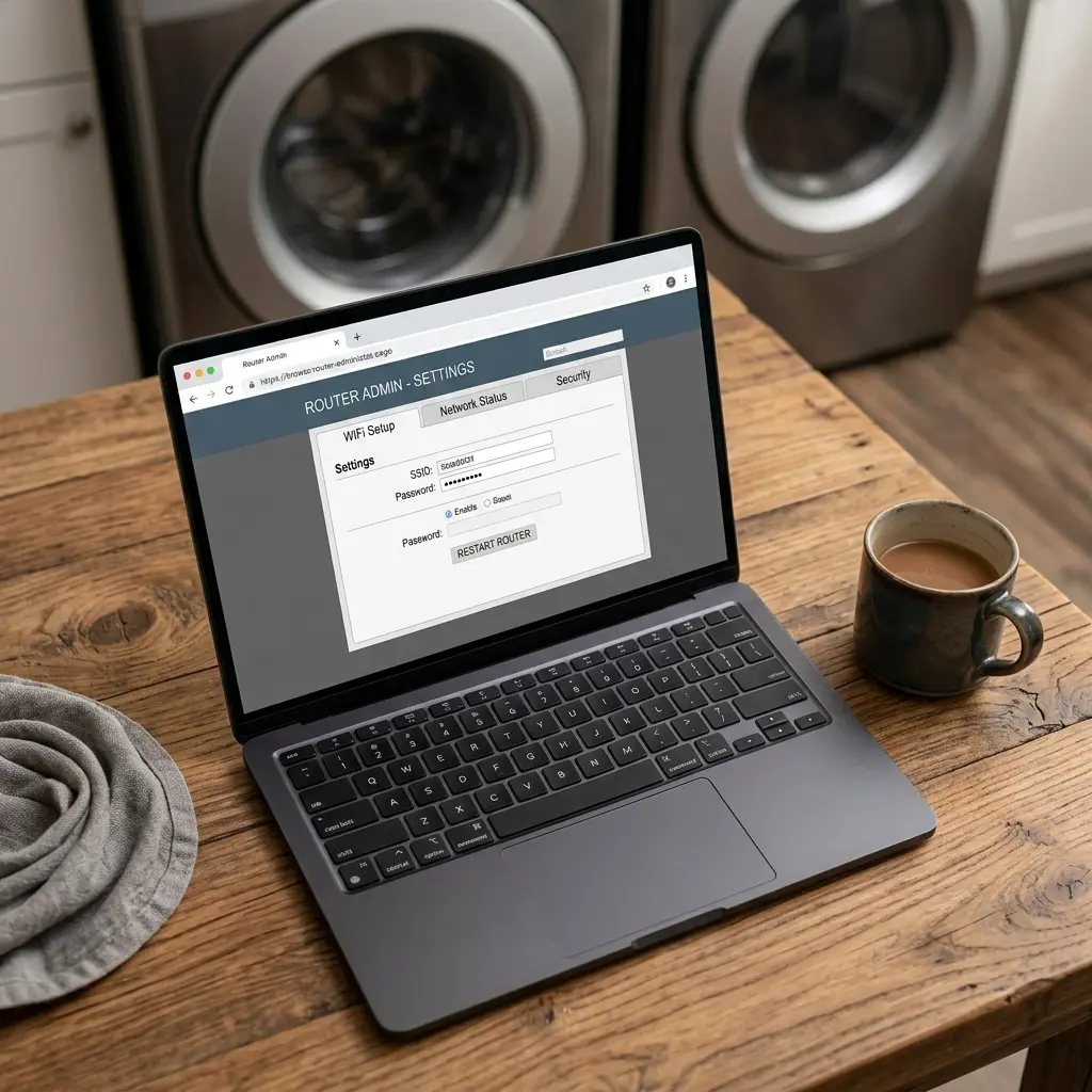 Technician adjusting router settings on laptop near washing machine