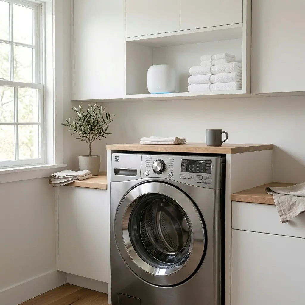 Mesh WiFi router next to washing machine illustrating dual-band connection issue. kenmore smart washer wifi issue