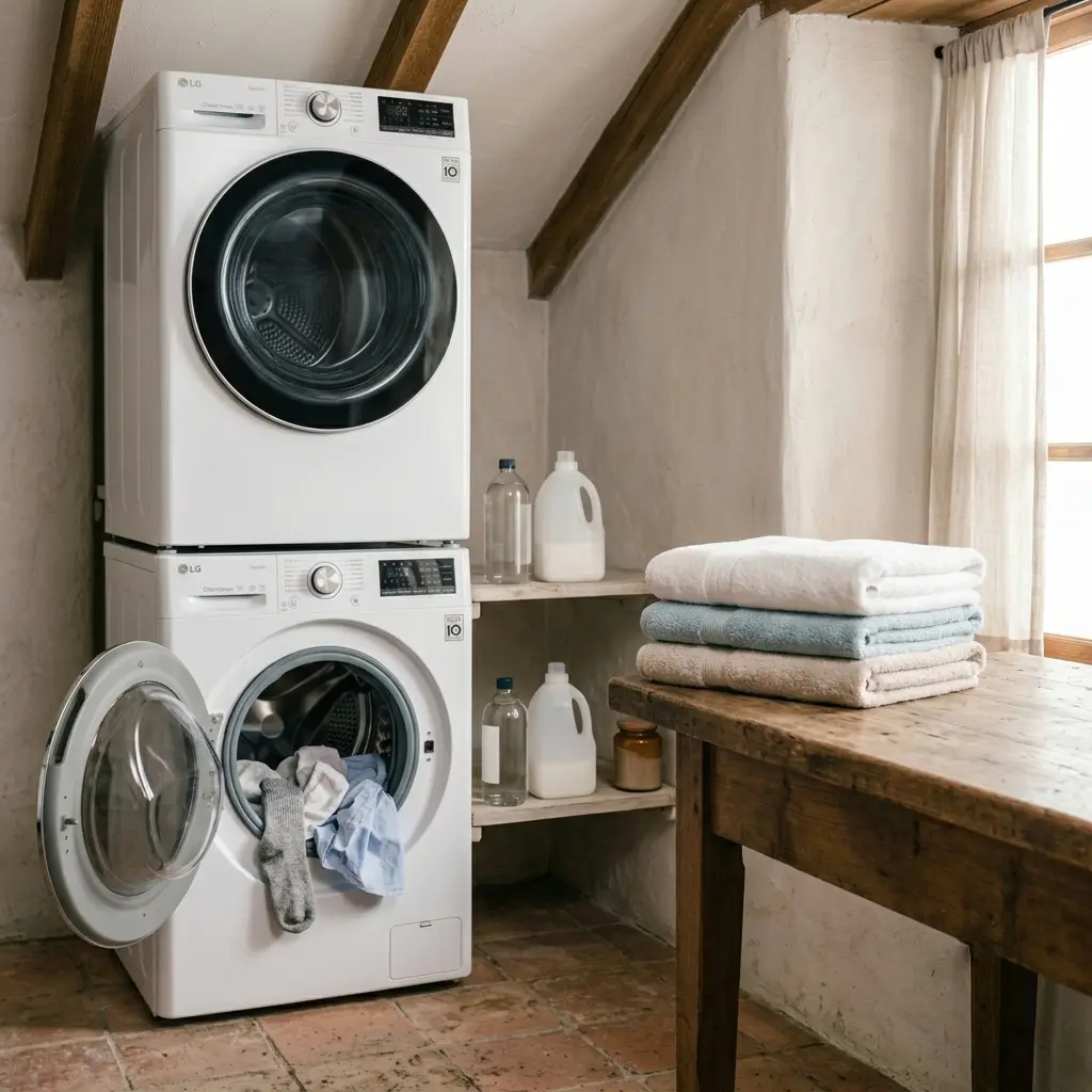 Laundry room with stacked front load washer and dryer