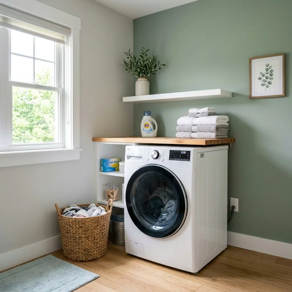 Laundry room with front load washer and folded towels