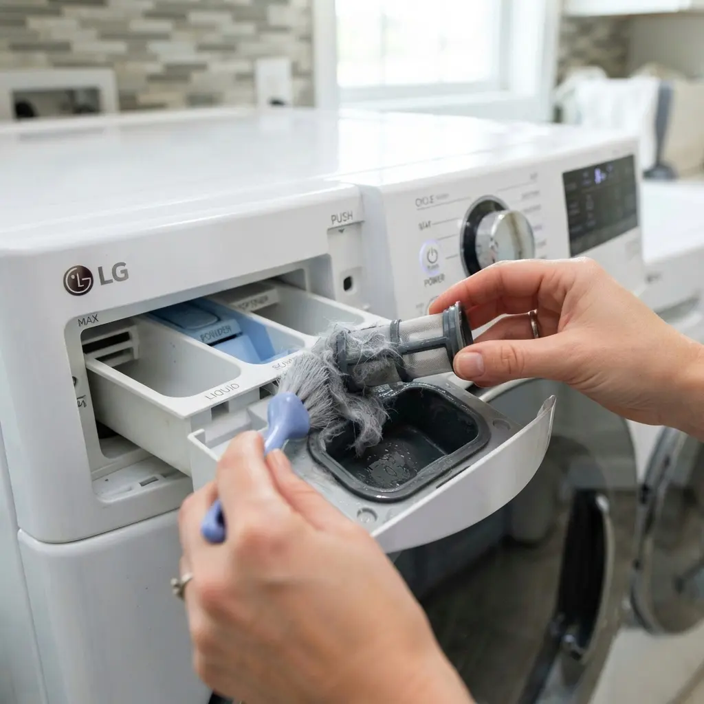 Cleaning the microplastic filter cartridge on a 2026 LG washing machine