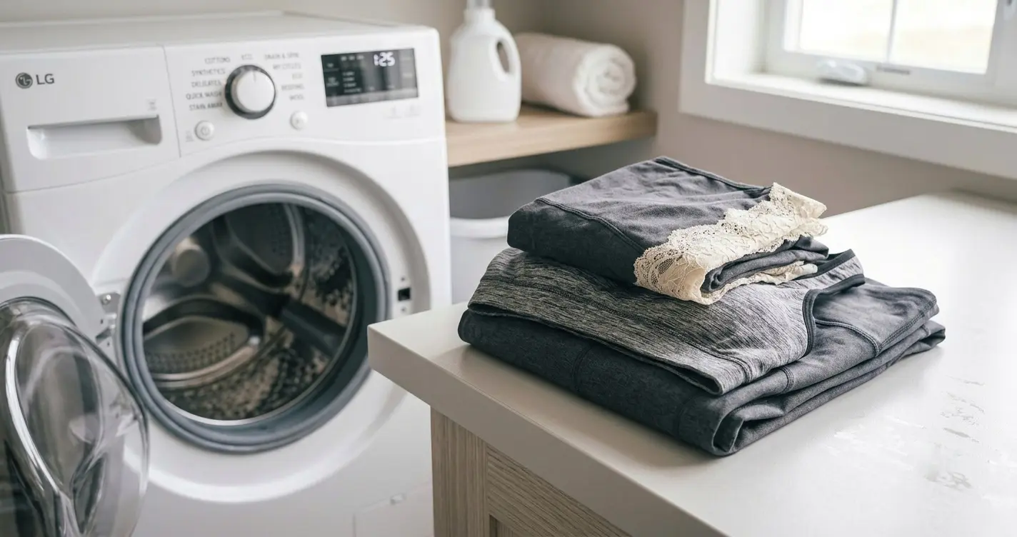 Folded activewear and delicate fabrics beside an open LG front-load washing machine