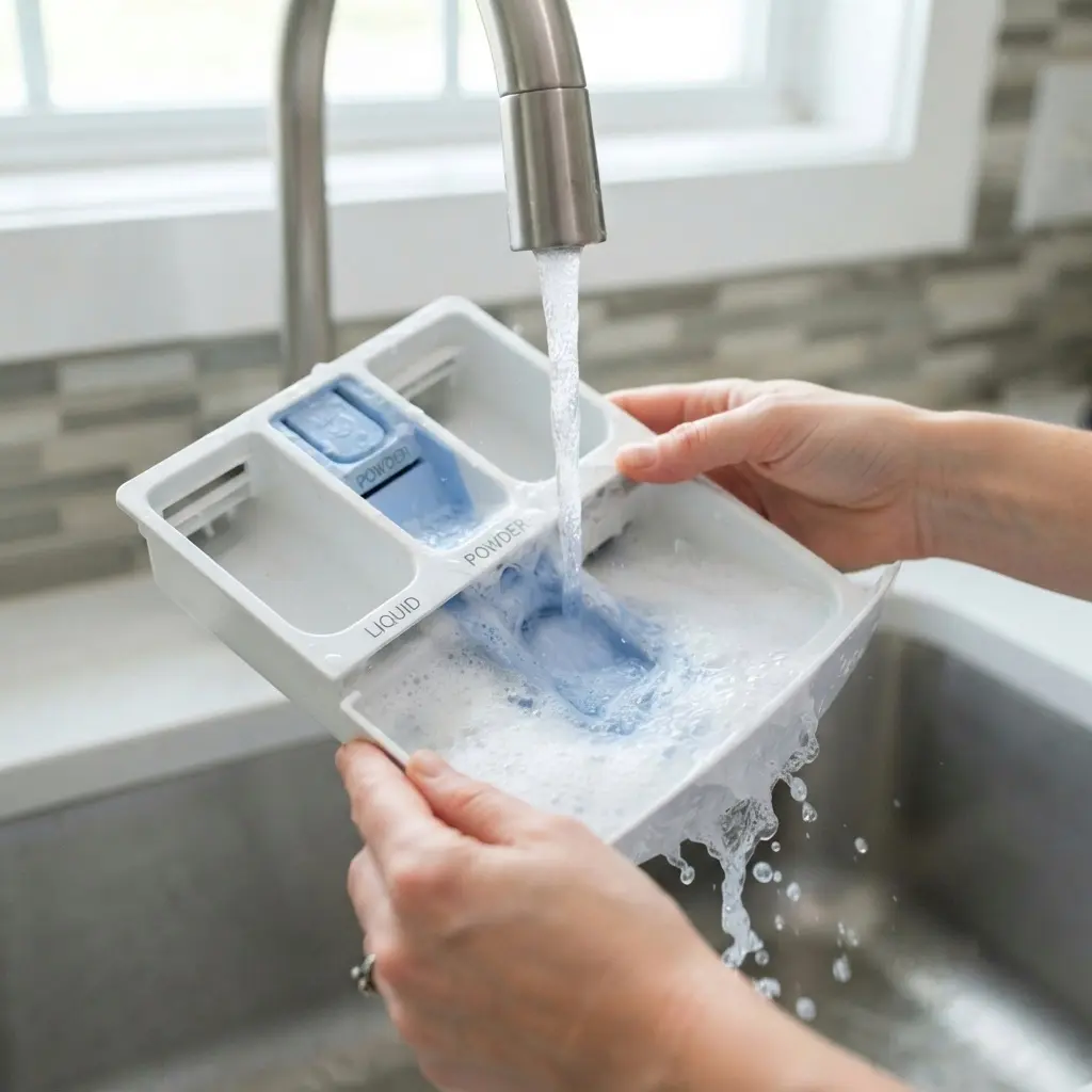 Rinsing the LG ezDispense detergent drawer under water