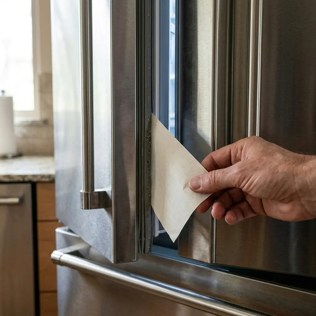 Testing an LG freezer door seal with paper to check for air leaks