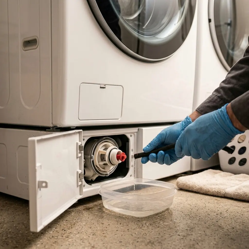 Opening the coin trap filter door on an LG front-load washing machine