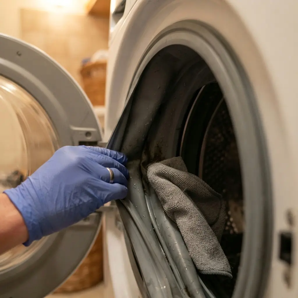 Wiping the rubber door gasket of an LG front-load washing machine