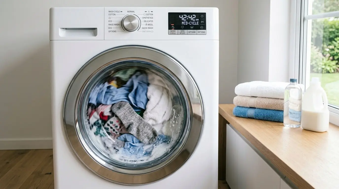 LG HE washer mid cycle with laundry tumbling