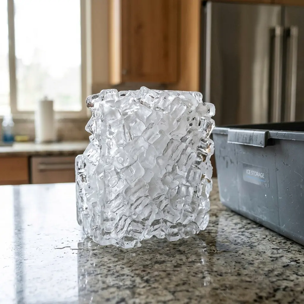 Clumped fused ice block in LG ice maker bin mistaken for overflow