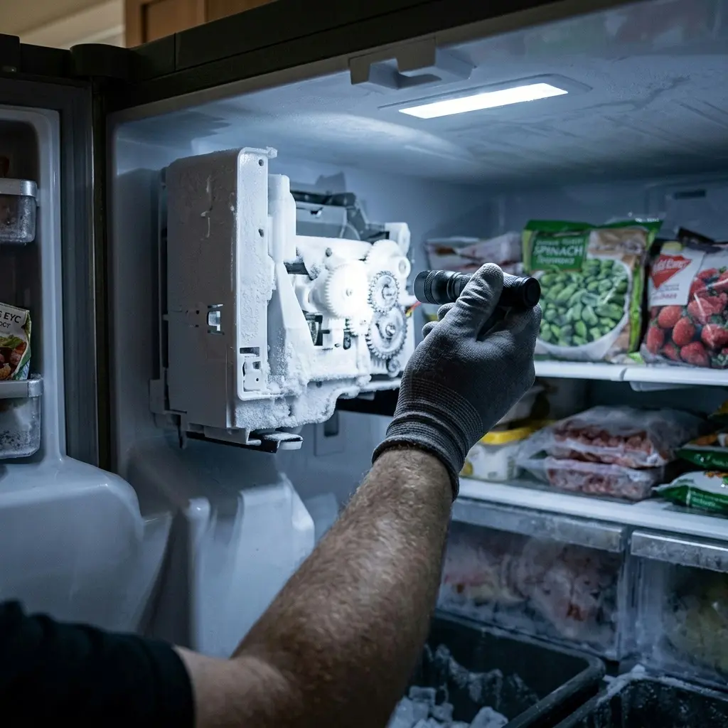 Technician inspecting the LG ice maker compartment inside the freezer