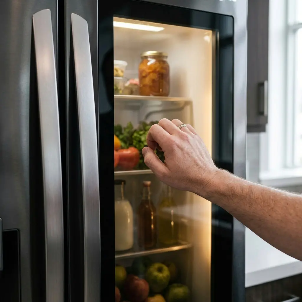 Close-up of LG InstaView glass panel illuminated on a refrigerator door