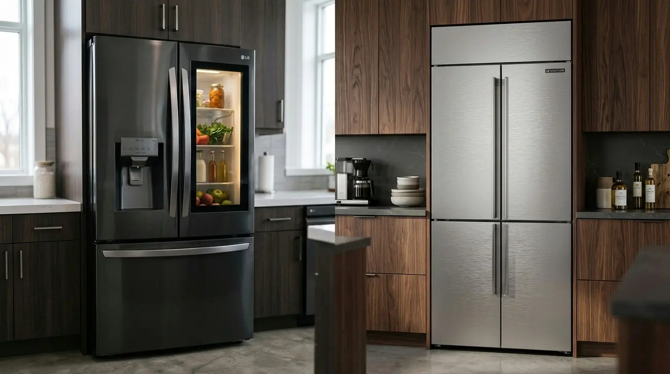 LG InstaView refrigerator and LG Signature refrigerator side by side in a modern kitchen