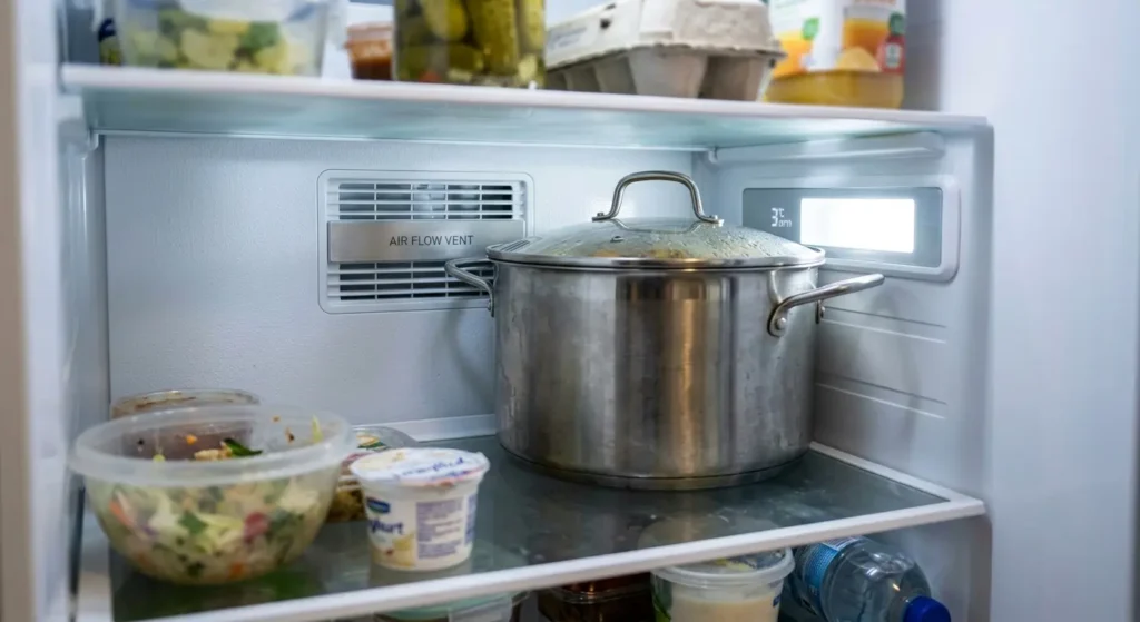 Large container blocking an LG refrigerator's rear airflow vent and sensor