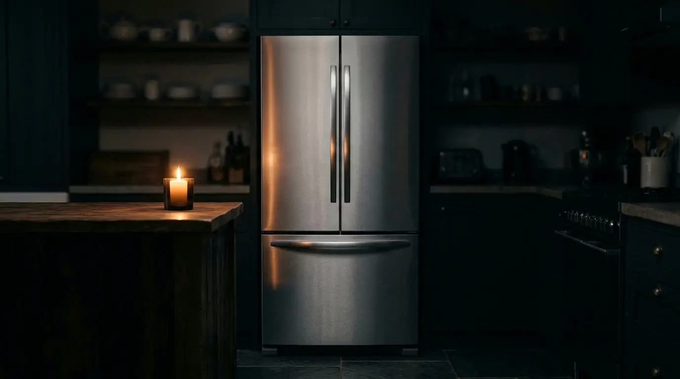 Closed LG refrigerator in a dark kitchen during a power outage