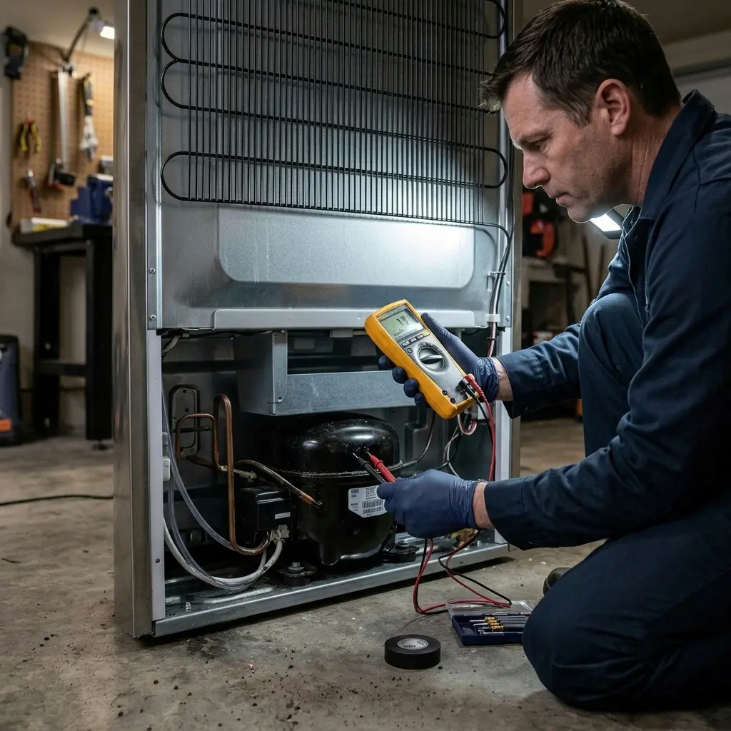 Technician inspecting the LG refrigerator compressor compartment with a multimeter
