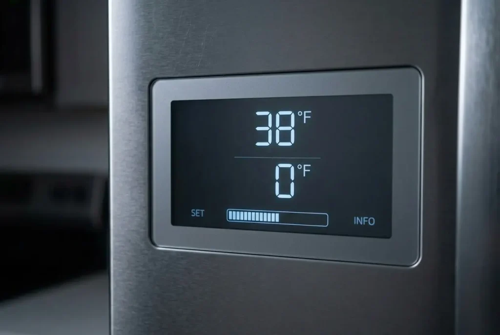 Close-up of an LG refrigerator digital display showing temperature settings