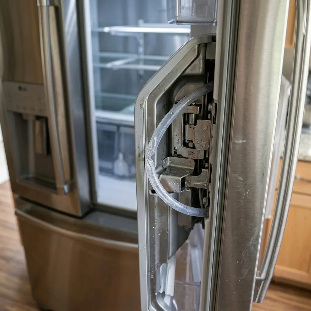 Inspecting a kinked water tube at the LG refrigerator door hinge