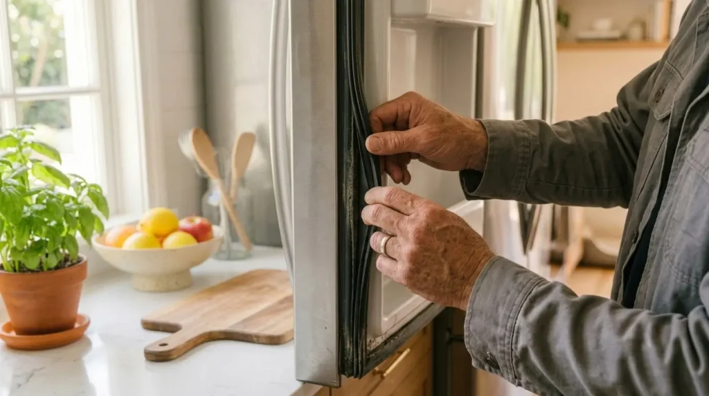 Checking an LG refrigerator door seal to maintain energy efficiency. LG Energy-Efficient Refrigerator Guide