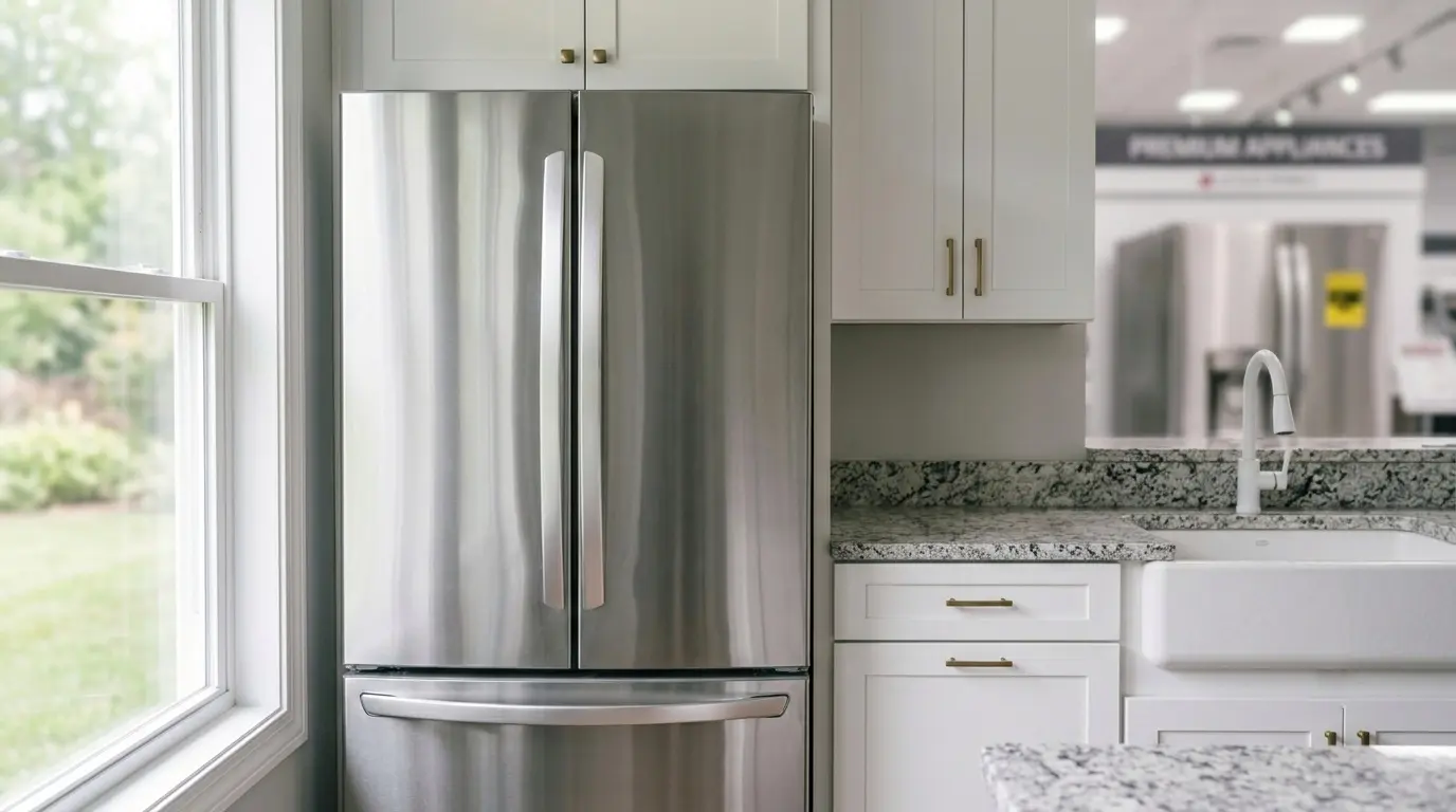 Modern LG refrigerator in a bright kitchen for energy efficiency guide