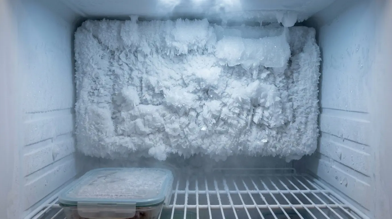 Thick frost buildup on LG refrigerator freezer wall