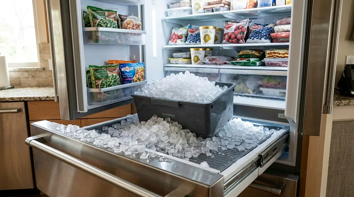 LG refrigerator ice maker overflowing with ice piled above the bin