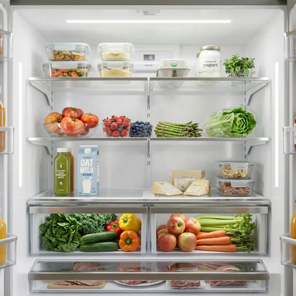 Open LG refrigerator interior showing shelves, crisper drawers, and door bins fully stocked
