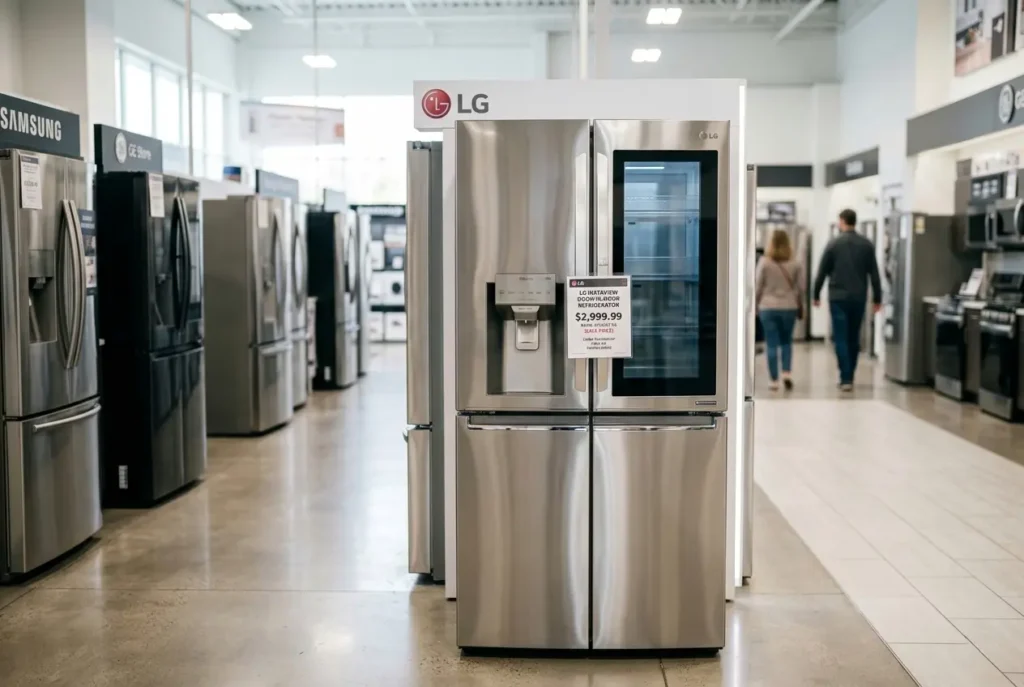 Price tag displayed on a premium refrigerator in an appliance showroom