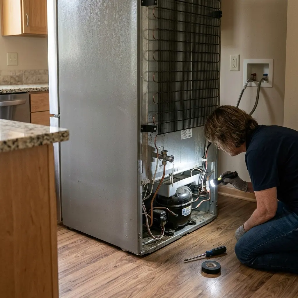 LG refrigerator pulled away from the wall to inspect the condenser fan and coil