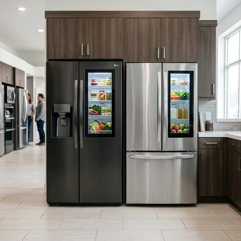 Two LG refrigerator models shown with capacity and finish differences