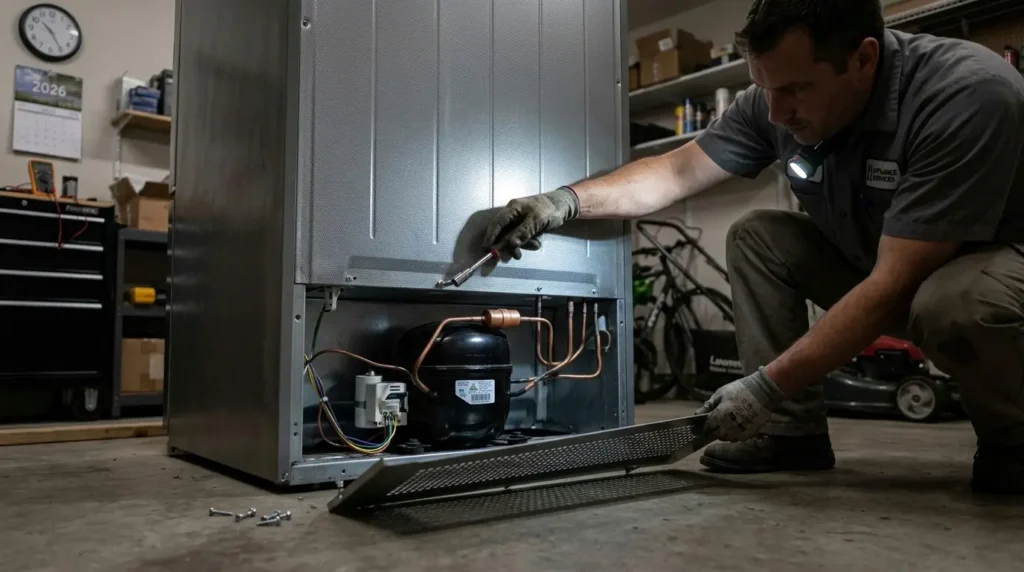 Technician inspecting an LG refrigerator Linear Compressor during service