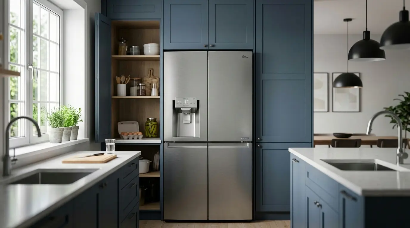 LG refrigerator temperature settings guide; French door model in a modern kitchen