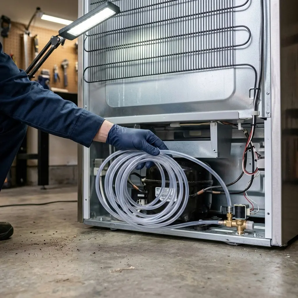Technician tracing the water line to the LG refrigerator's fill valve