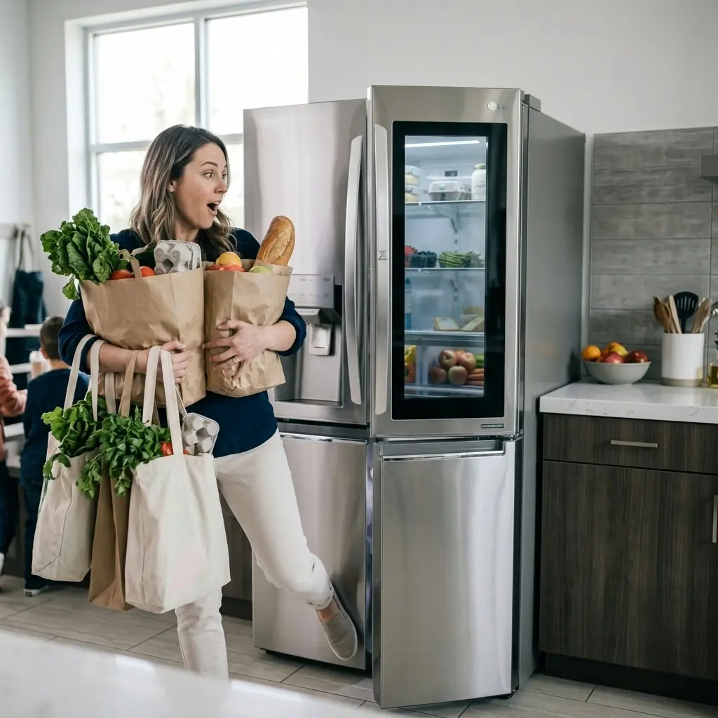 Person opening LG Signature refrigerator door hands-free with a foot sensor while carrying groceries