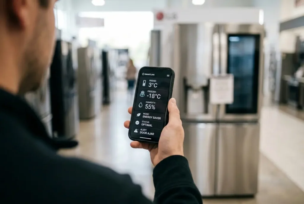 Smartphone displaying LG ThinQ app next to a smart refrigerator