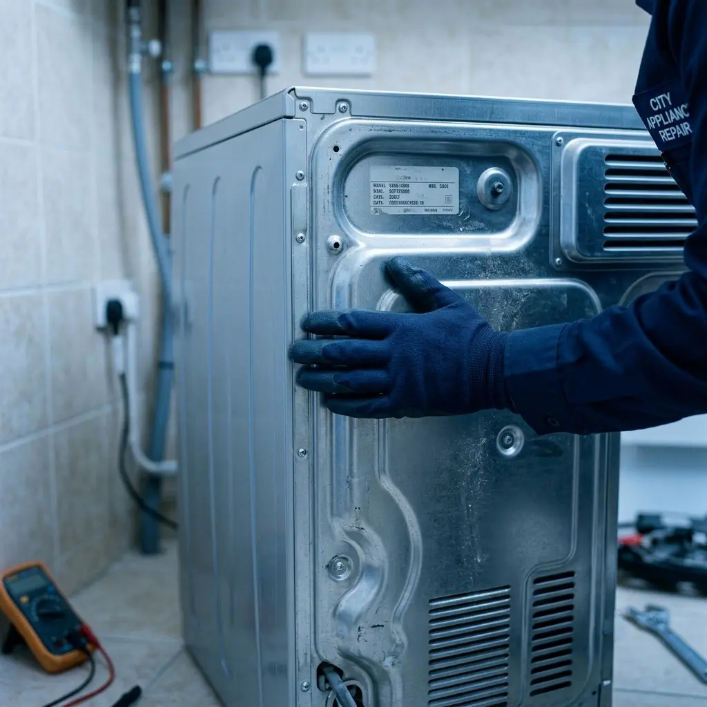 Technician checking LG washing machine back panel temperature