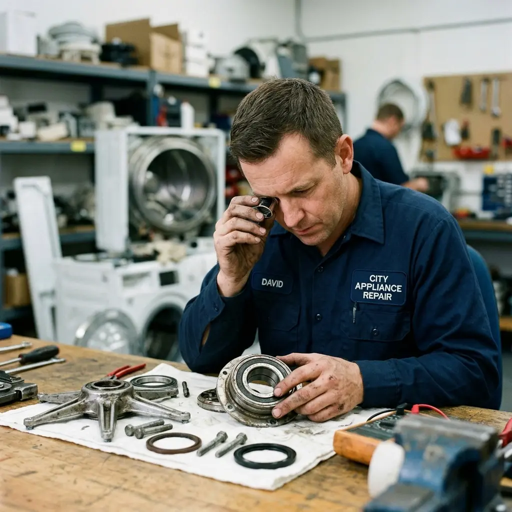 Technician inspecting worn washing machine drum bearings