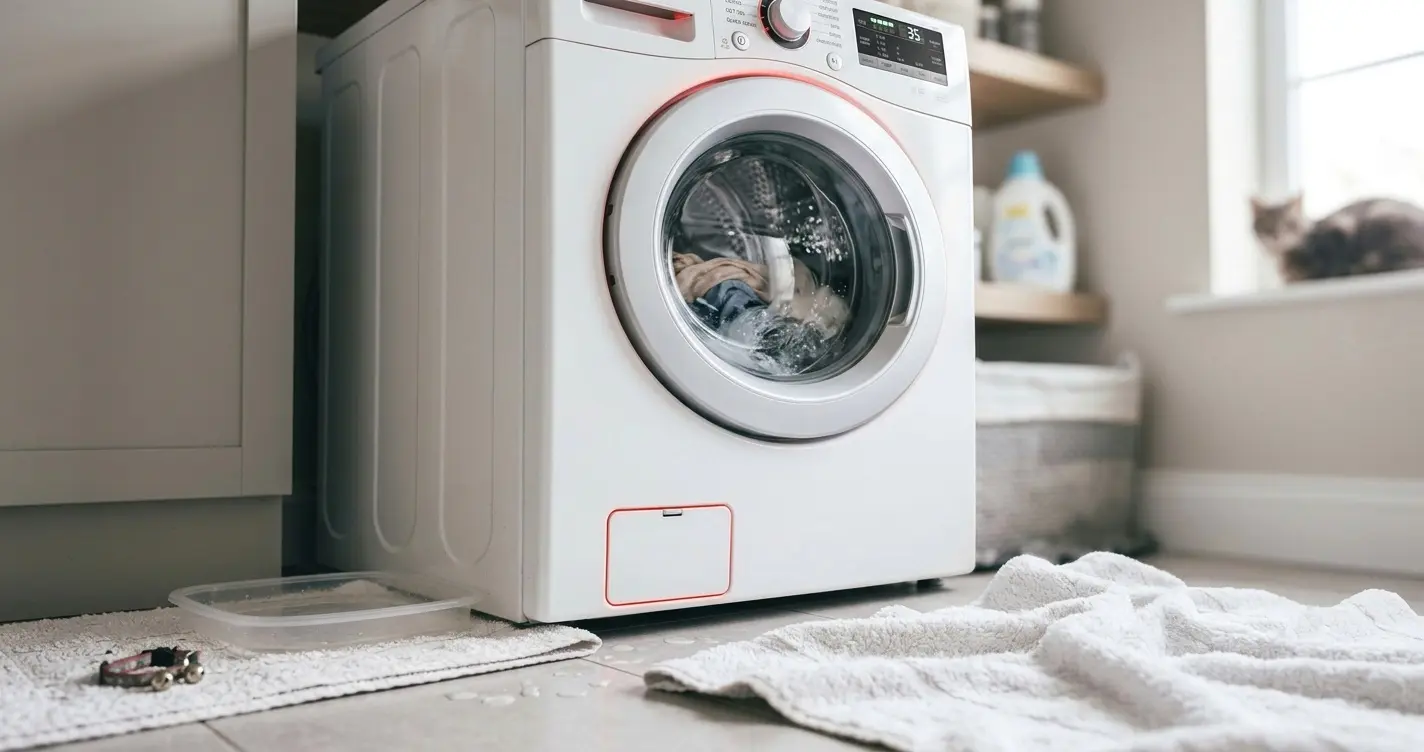 LG front-load washer with control panel lit up, mid-cycle, in a modern laundry room