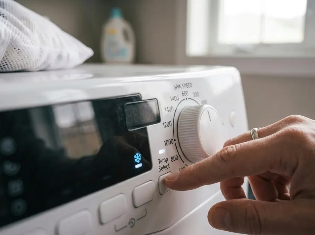 Hand selecting the cold water temperature option on an LG washer control panel
