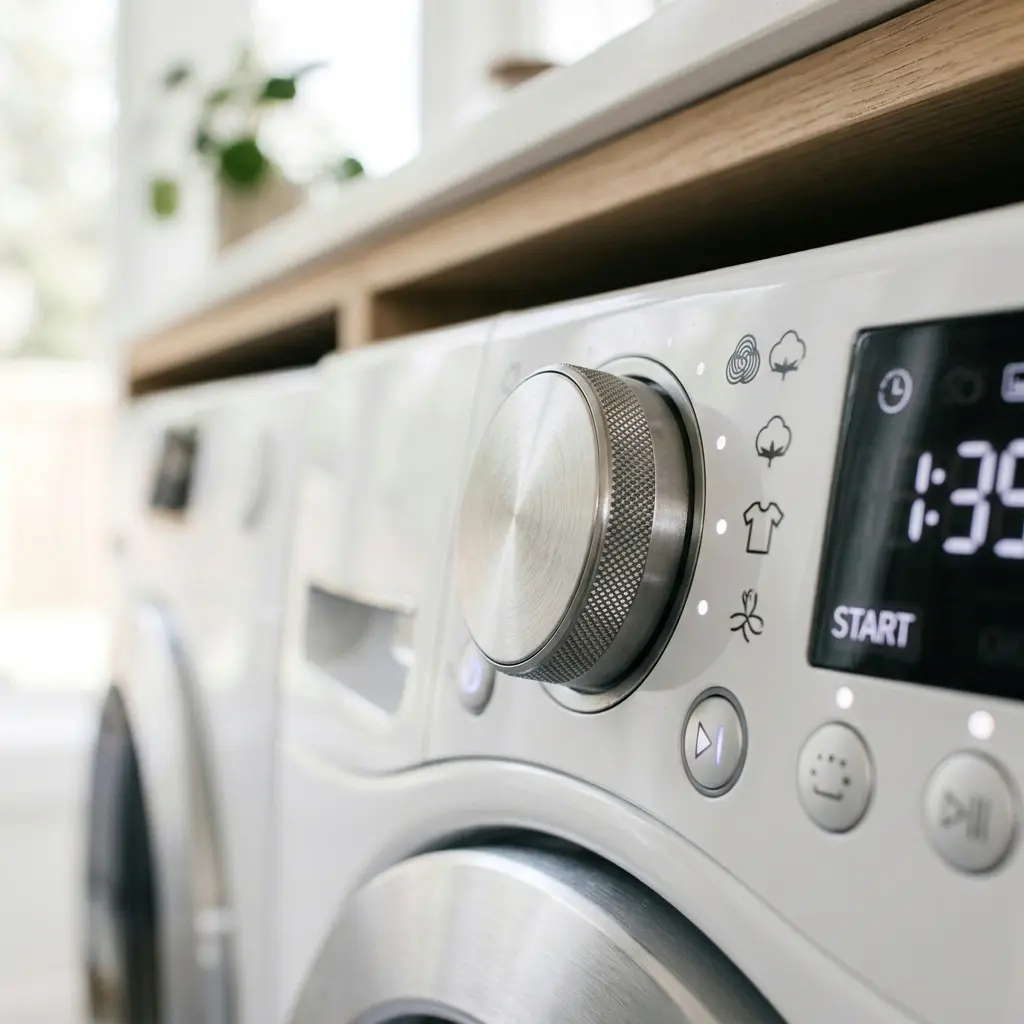 Close-up of an LG front load washer control panel showing the wash program dial and options