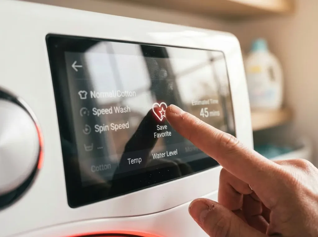 Hand pressing a custom My Cycle favorite button on an LG washer touchscreen