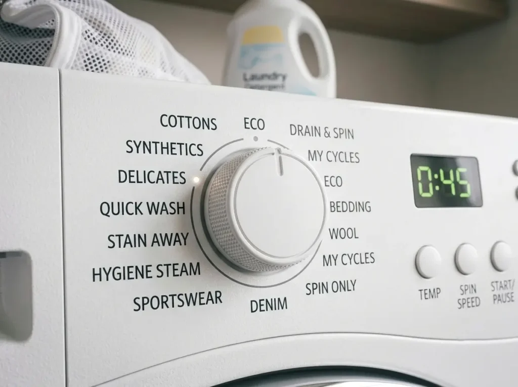 Close-up of an older LG washer's physical dial control panel showing the Delicates cycle position