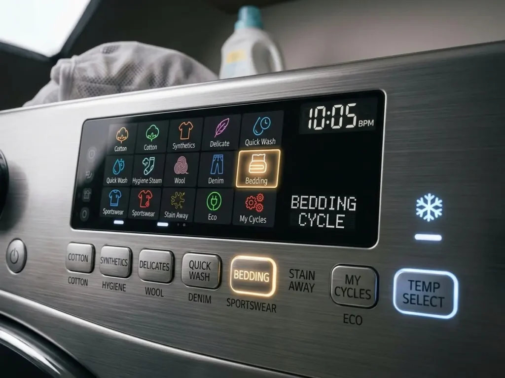 LG washer digital control panel with an illuminated Sportswear cycle button selected