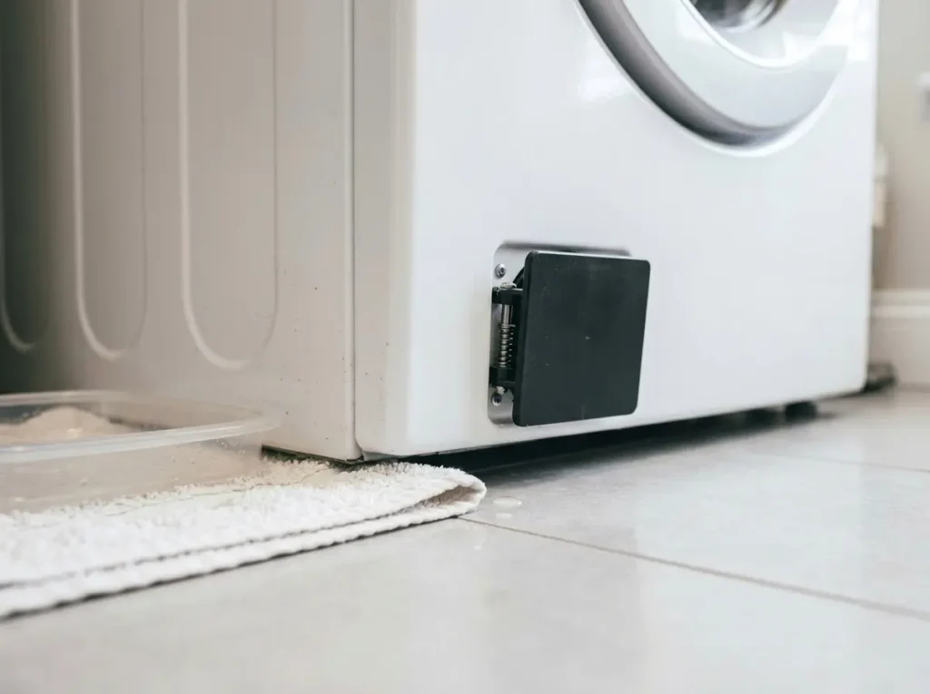Close-up of the small drain filter access panel at the bottom front of an LG washer