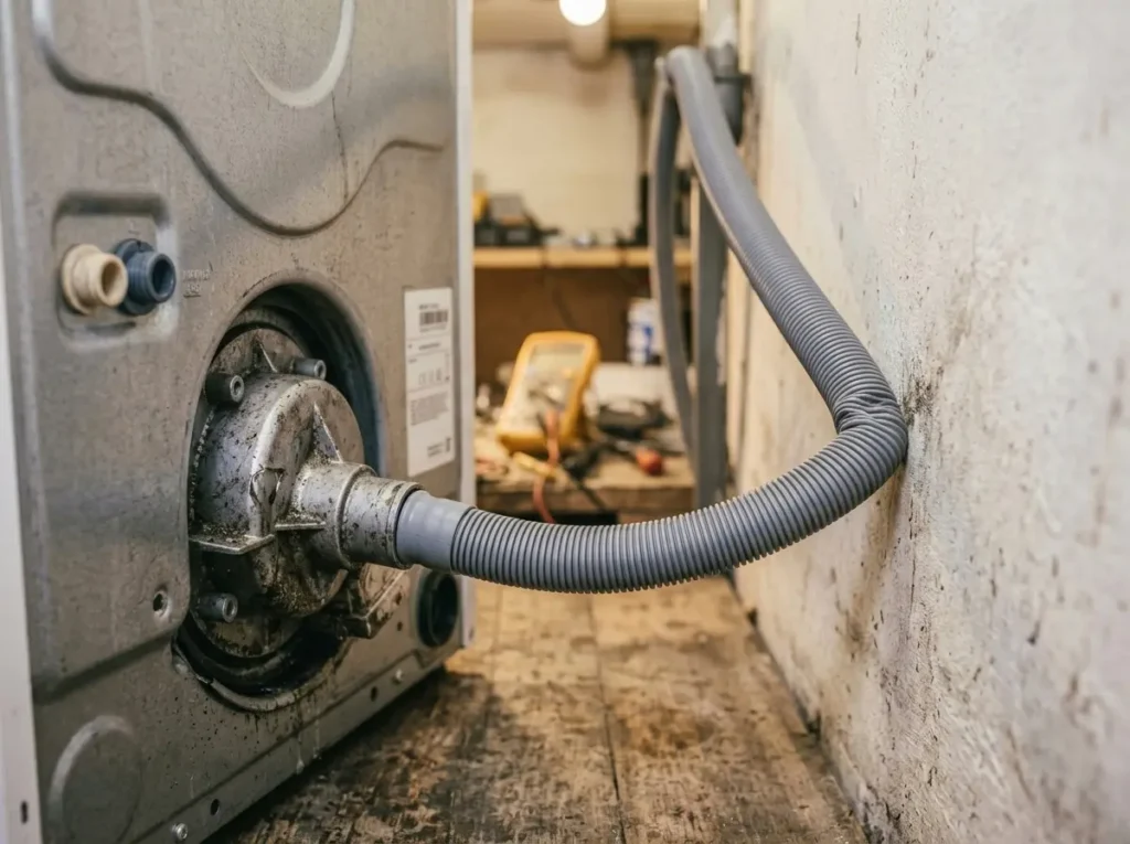 Corrugated washer drain hose sharply kinked behind a washing machine pulled from the wall