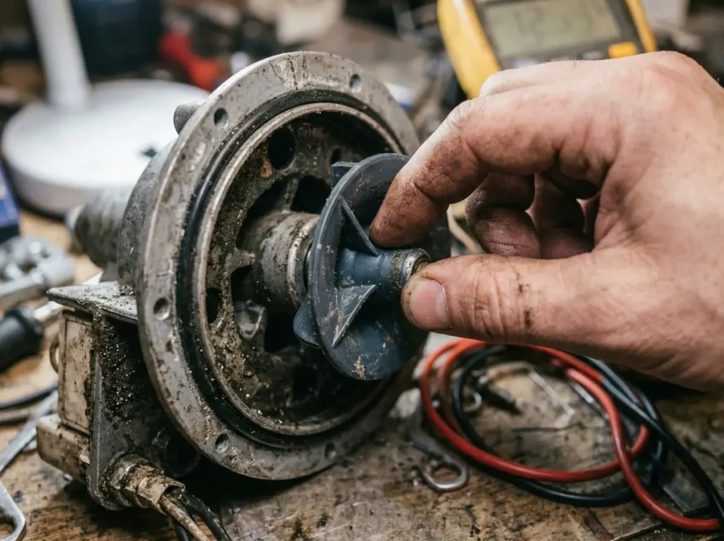 Technician's fingers testing the drain pump impeller inside an open washer panel for resistance