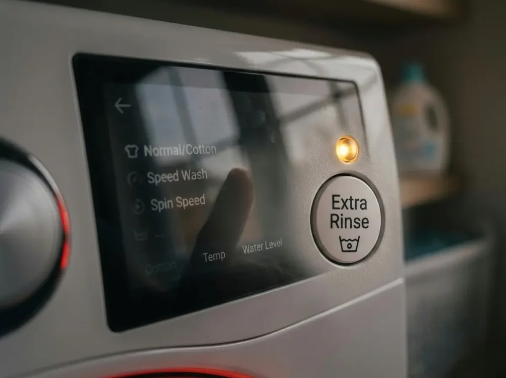 Extra Rinse option illuminated on an LG washer control panel display