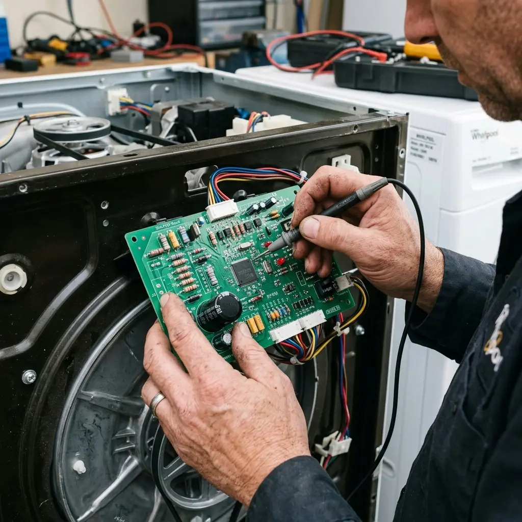 Technician inspecting an LG washing machine motor control board