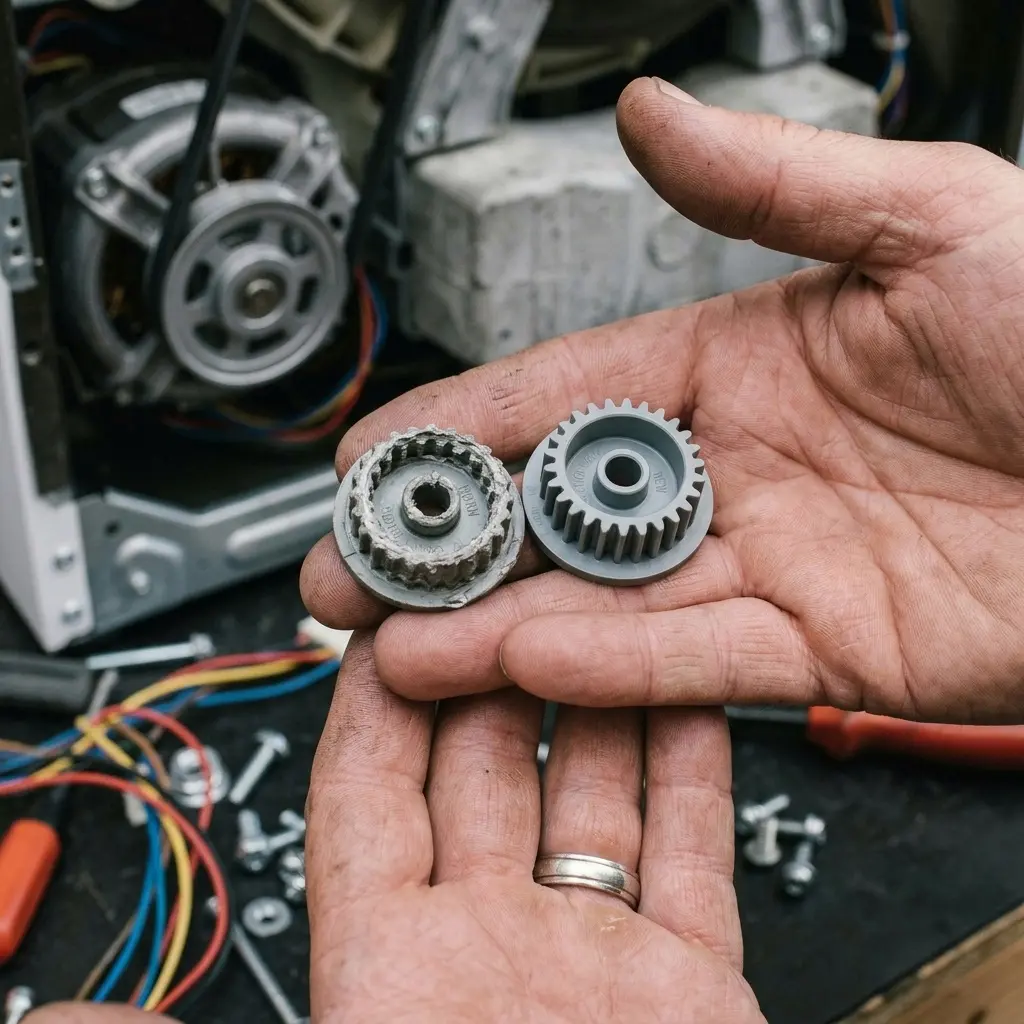 Worn LG washing machine motor coupler removed for replacement