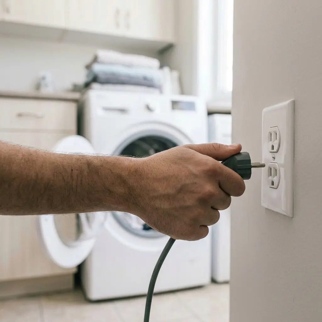 Hand unplugging an LG washing machine power cord before repairing the lg washing machine humming noise